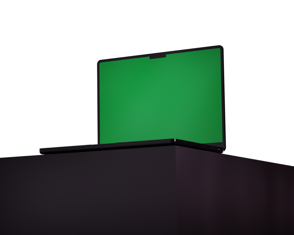 pexels photo 26109749 26109749 Modern laptop featuring a green screen on a minimalist black table setting.